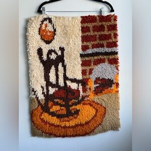 Vintage 70s Earthtone Handmade Yarn Latch Hook Rug Hanging Fireplace 19x26”